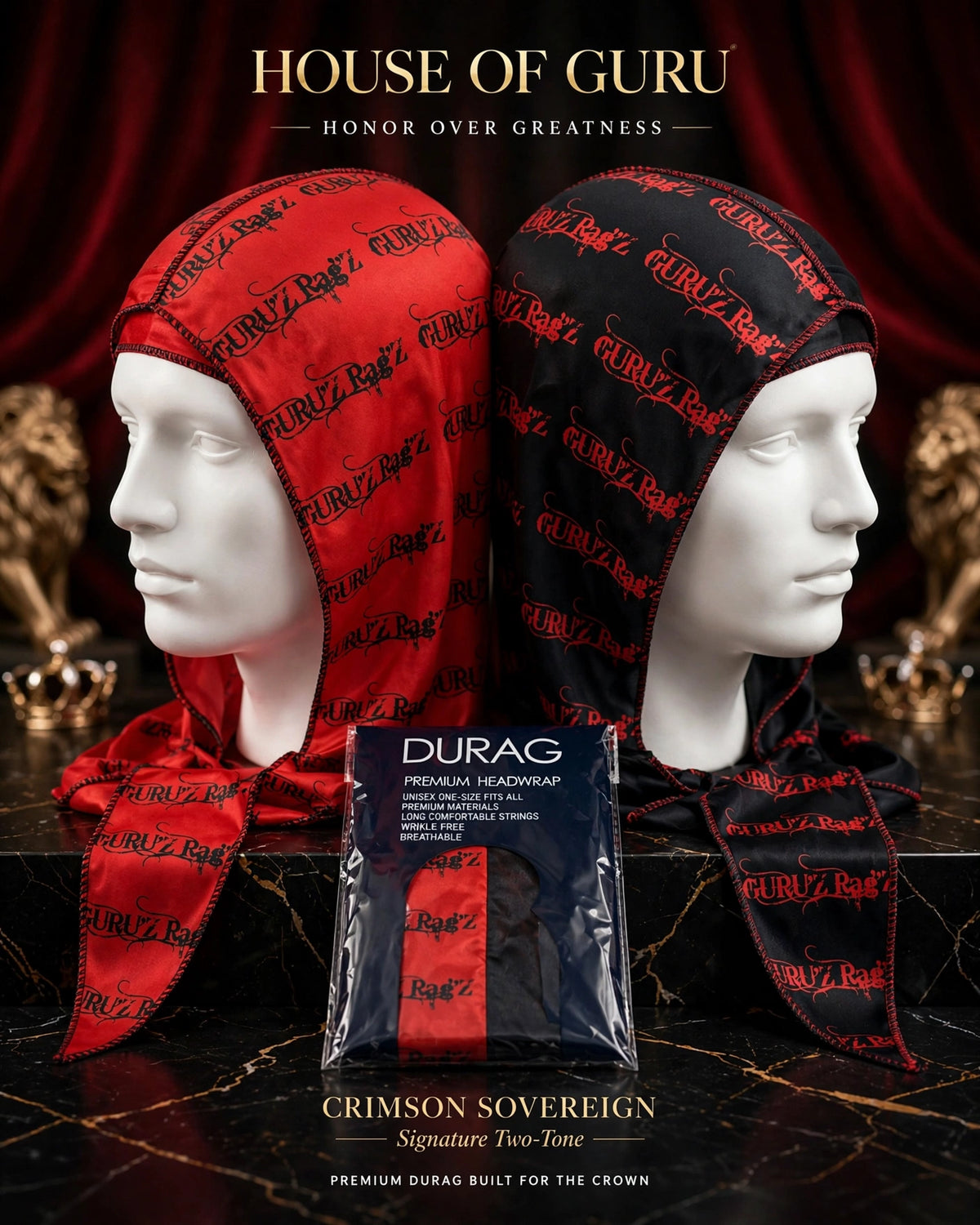 CRIMSON SOVEREIGN™ Premium Two-Tone Durag — Red & Black | GURU'Z Rag'Z | House of Guru™