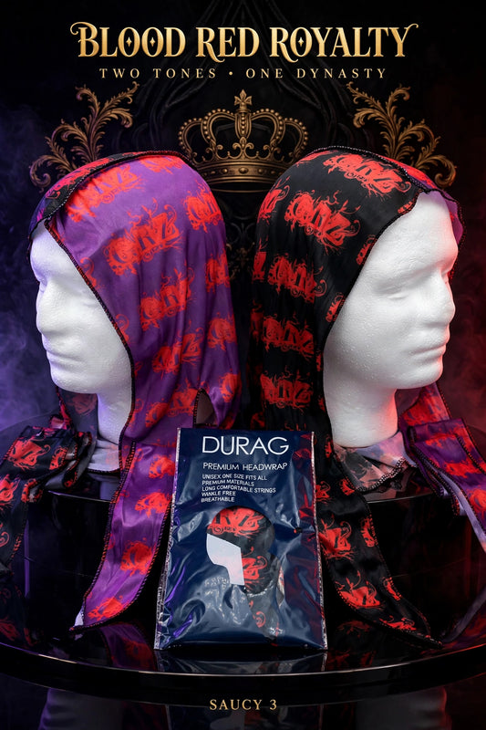 HOUSE OF GURUZ™ GRZ NOIR™ / PURPLE REIGN™ — Two-Tone Satin Durag | Purple + Black with Blood Red GRZ | HONOR OVER GREATNESS™