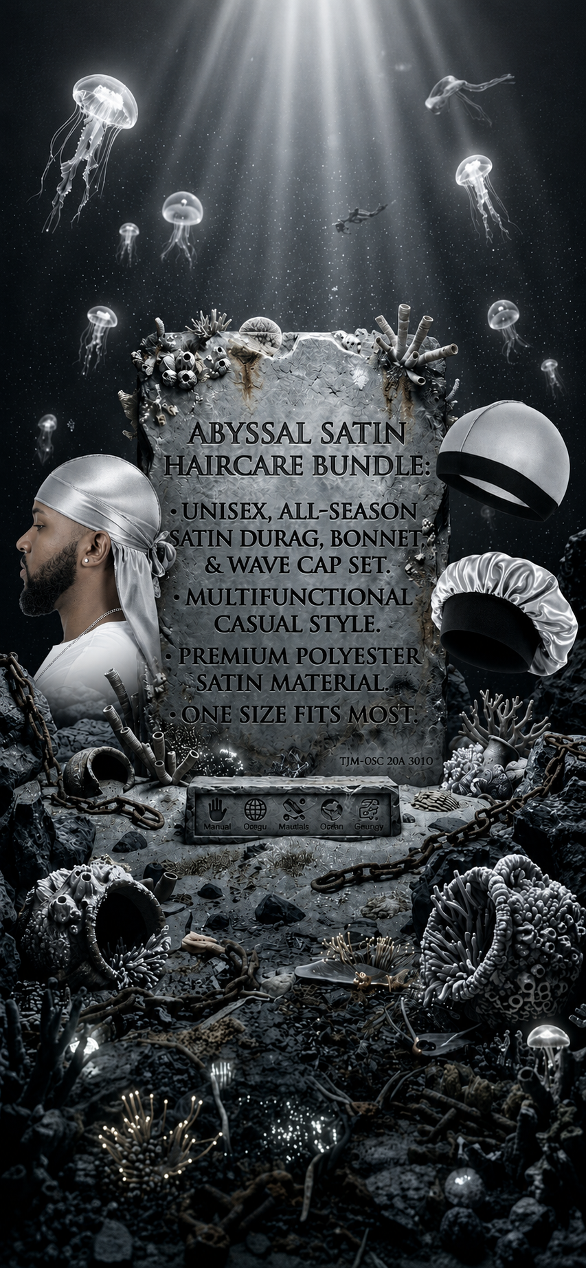 HOGA Abyssal Luxury Satin Haircare Bundle – 3-Piece Elite Durag, Bonnet & Wave Cap Set