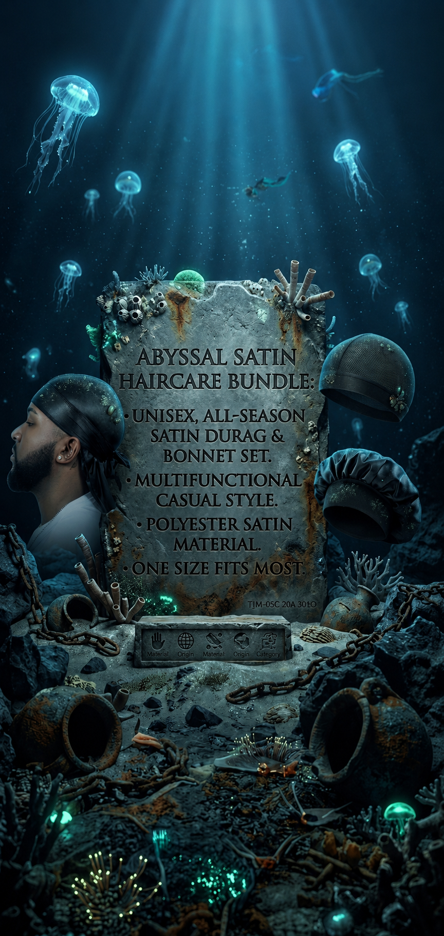 HOGA Abyssal Luxury Satin Haircare Bundle – 3-Piece Elite Durag, Bonnet & Wave Cap Set