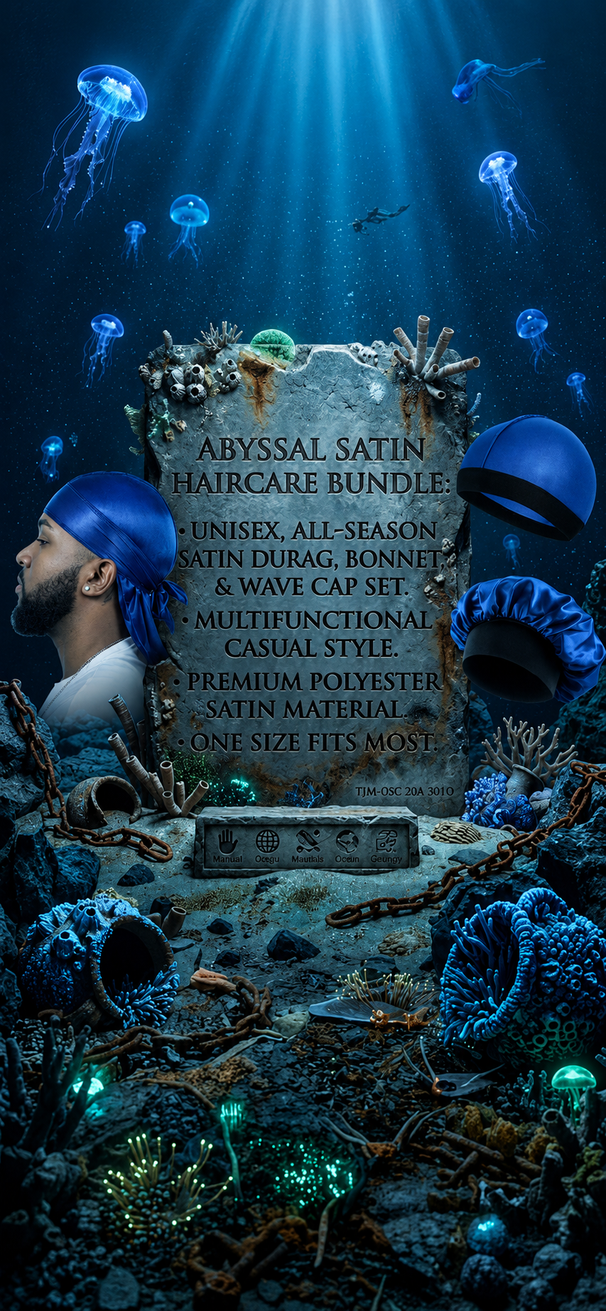 HOGA Abyssal Luxury Satin Haircare Bundle – 3-Piece Elite Durag, Bonnet & Wave Cap Set