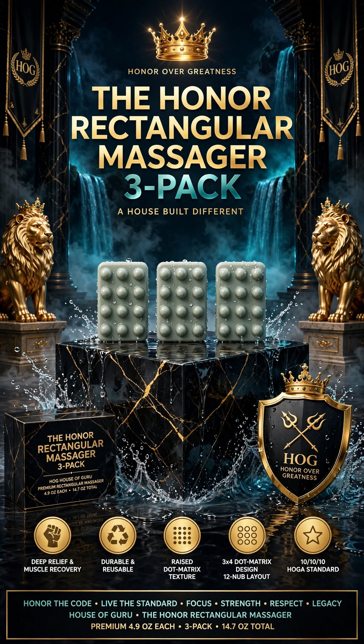 THE HONOR RECTANGULAR MASSAGER 3-PACK - 12-Nub Dot-Matrix | 4.9 OZ Each (14.7 OZ Total) | House of Guru