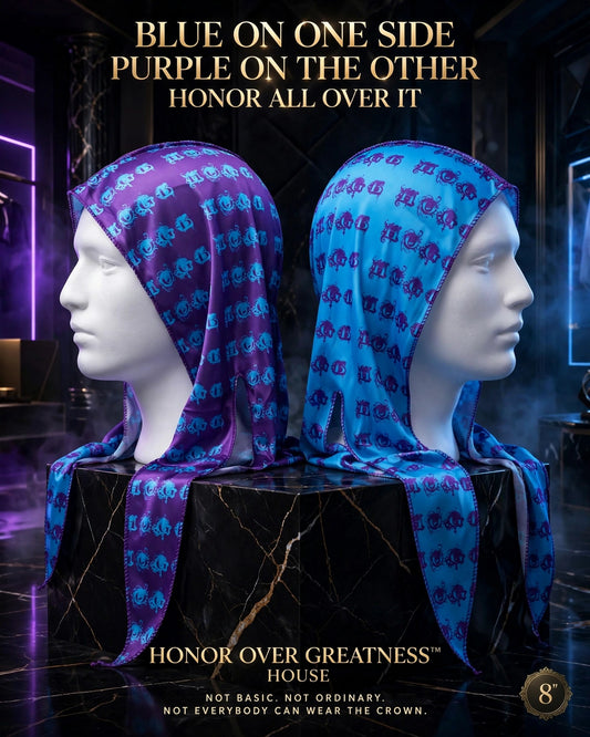 HONOR OVER GREATNESS HOUSE™ — HOGB ROYAL FLIP™ — AZURE REIGN™ × PURPLE THRONE™ Two-Tone Satin Durag — Blue on Purple / Purple on Blue