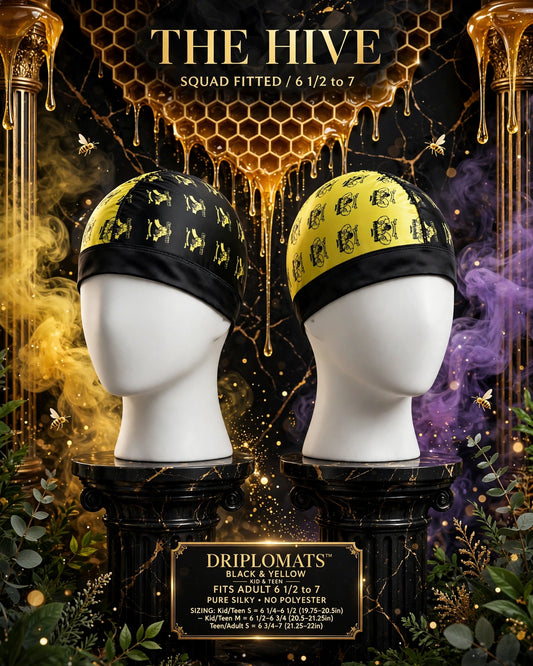 DRIPLOMATS™ Pure Silky Fitted Compression Cap — Black & Yellow Squad — Kid, Teen & Adult Small — HOUSE OF GURU™