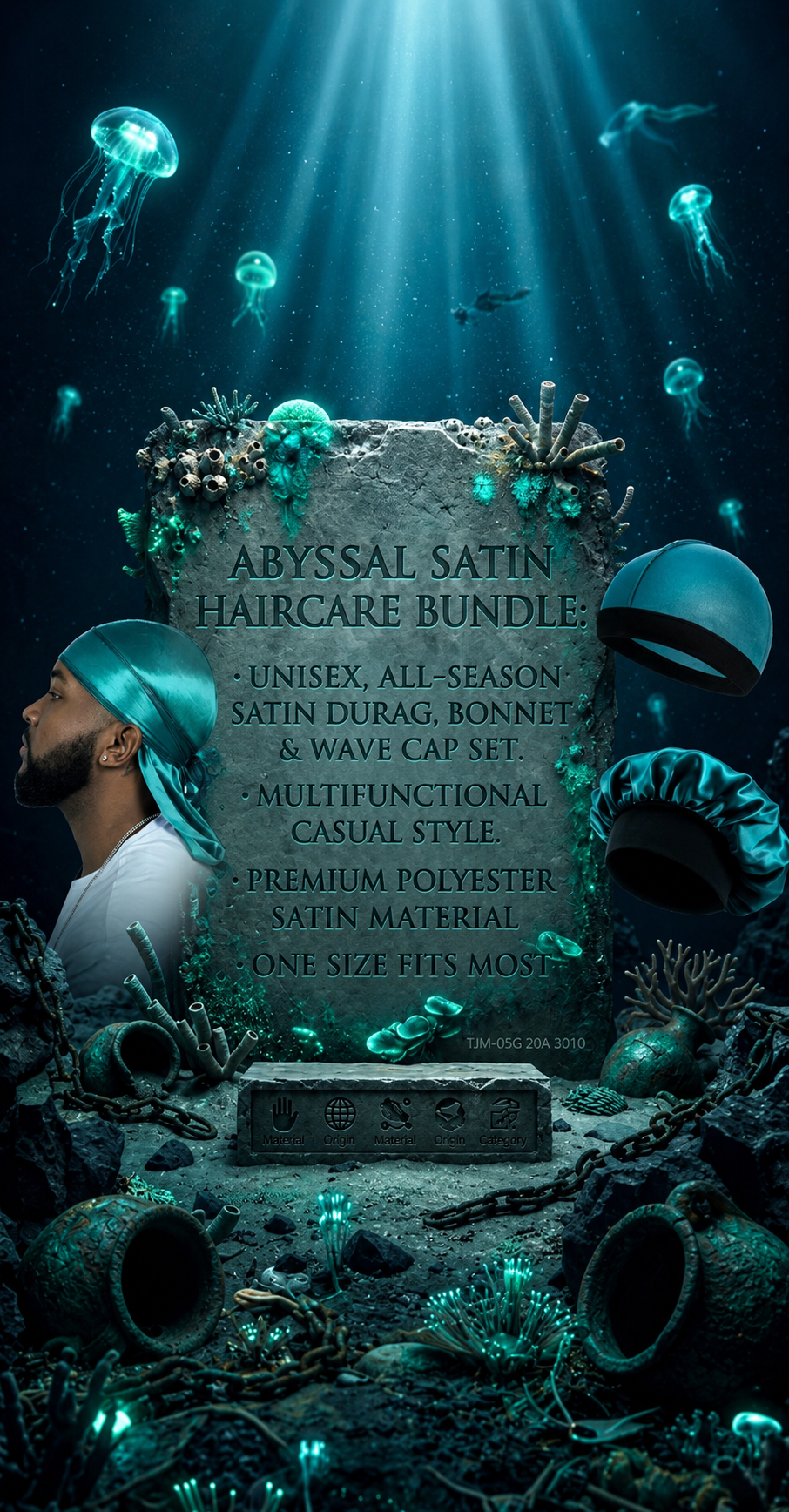 HOGA Abyssal Luxury Satin Haircare Bundle – 3-Piece Elite Durag, Bonnet & Wave Cap Set