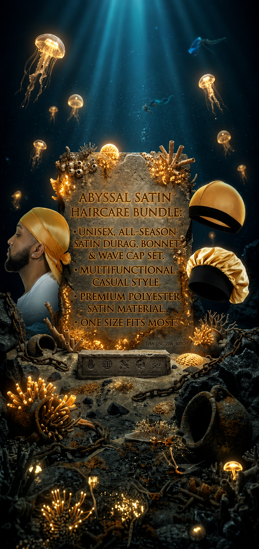 HOGA Abyssal Luxury Satin Haircare Bundle – 3-Piece Elite Durag, Bonnet & Wave Cap Set